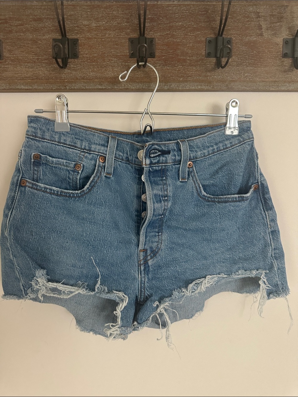 Levi's Blue Distressed Button-Fly Denim Shorts-size 27